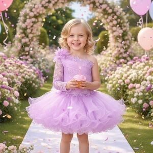 Lilac One-Shoulder Tulle Flower Girl Dress, Girls summer Easter dress princess